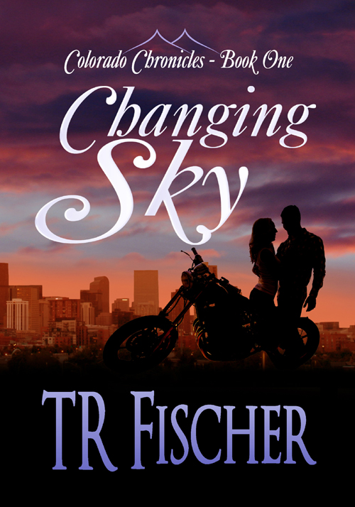 cover of changing sky by tr fischer with a man and woman embracing near a motorcycle at sunset